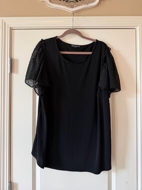 Adrianna Papell Black Short Sleeve Top with Sheer Dot Flutter Sleeves